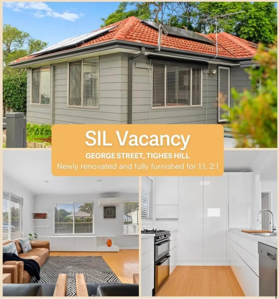 Exterior and interior views of a newly renovated, fully furnished house in Tighes Hill, NSW, offering SIL support for 1:1 and 2:1 ratios.
